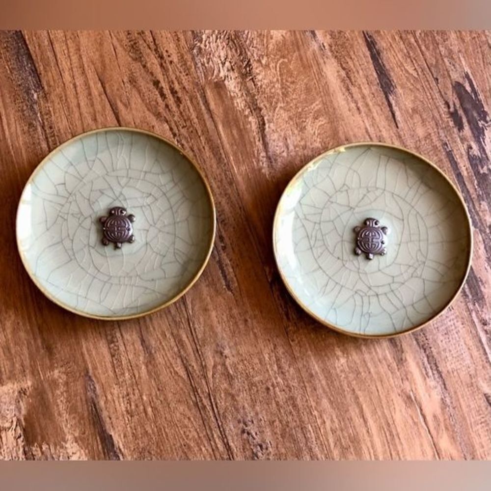 2 1980s Longquan Celadon Wares Sage Green Turtle Motif Art Plates—original VNT - Picture 5 of 16